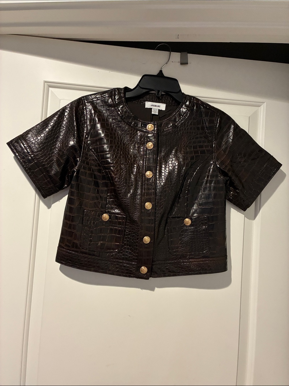 Faux-Croc Short Sleeve Jacket - Dark Brown w/gold buttons & 2 pockets